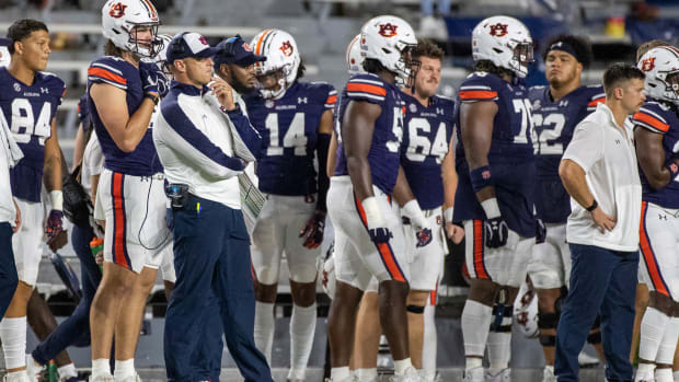 Bryan Harsin looks on the field against Mercer.
